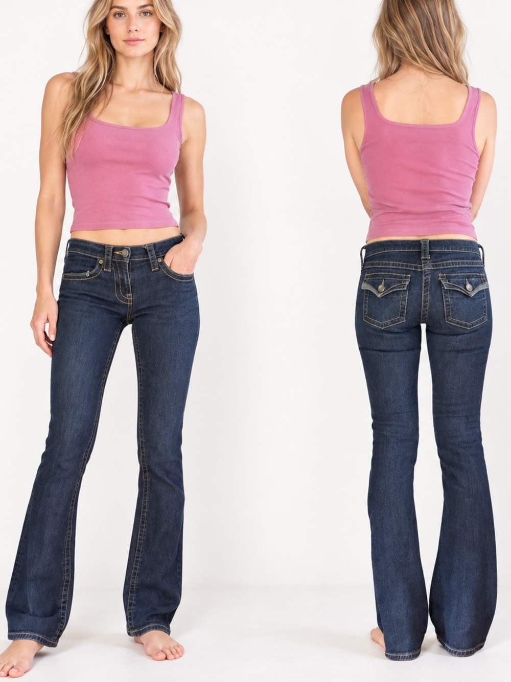 VS Low 5 Flap Pocket Boot Cut Dark Blue Denim Distressed Low-Rise Jeans Sz 2L